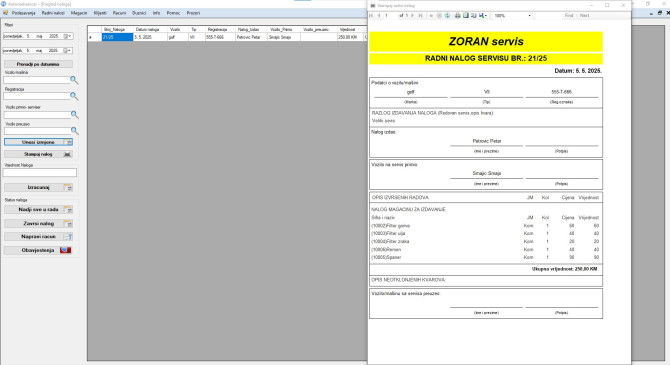 Program za AUTOSERVIS (automehanicare) RADNI NALOZI