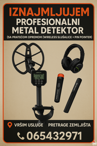 Iznajmljujem profesionalni metal detektor sa pratecom opremom (wireless slusalice + pin pointer).